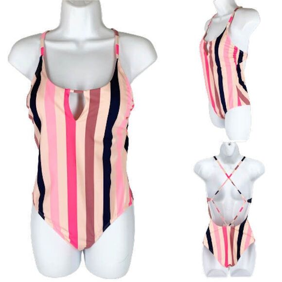 Cute Xhilaration Swimsuit M One Piece Pink Black Stripes Padded Bra High Legs - Picture 1 of 7